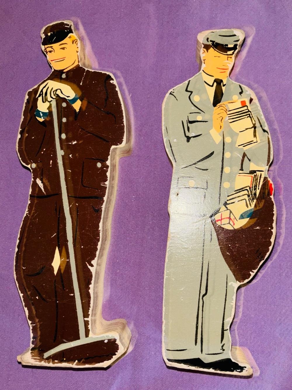 Vintage Guidecraft Mailman & Movie Usher wooden wedgie career people